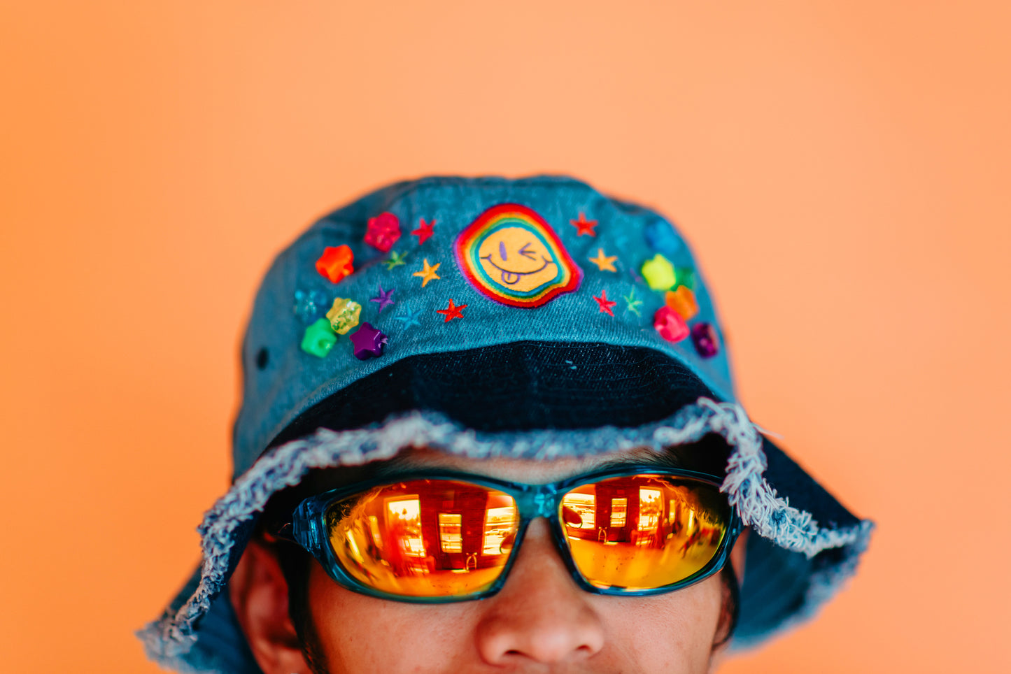 Neon Smile Distressed Denim Bucket Hat