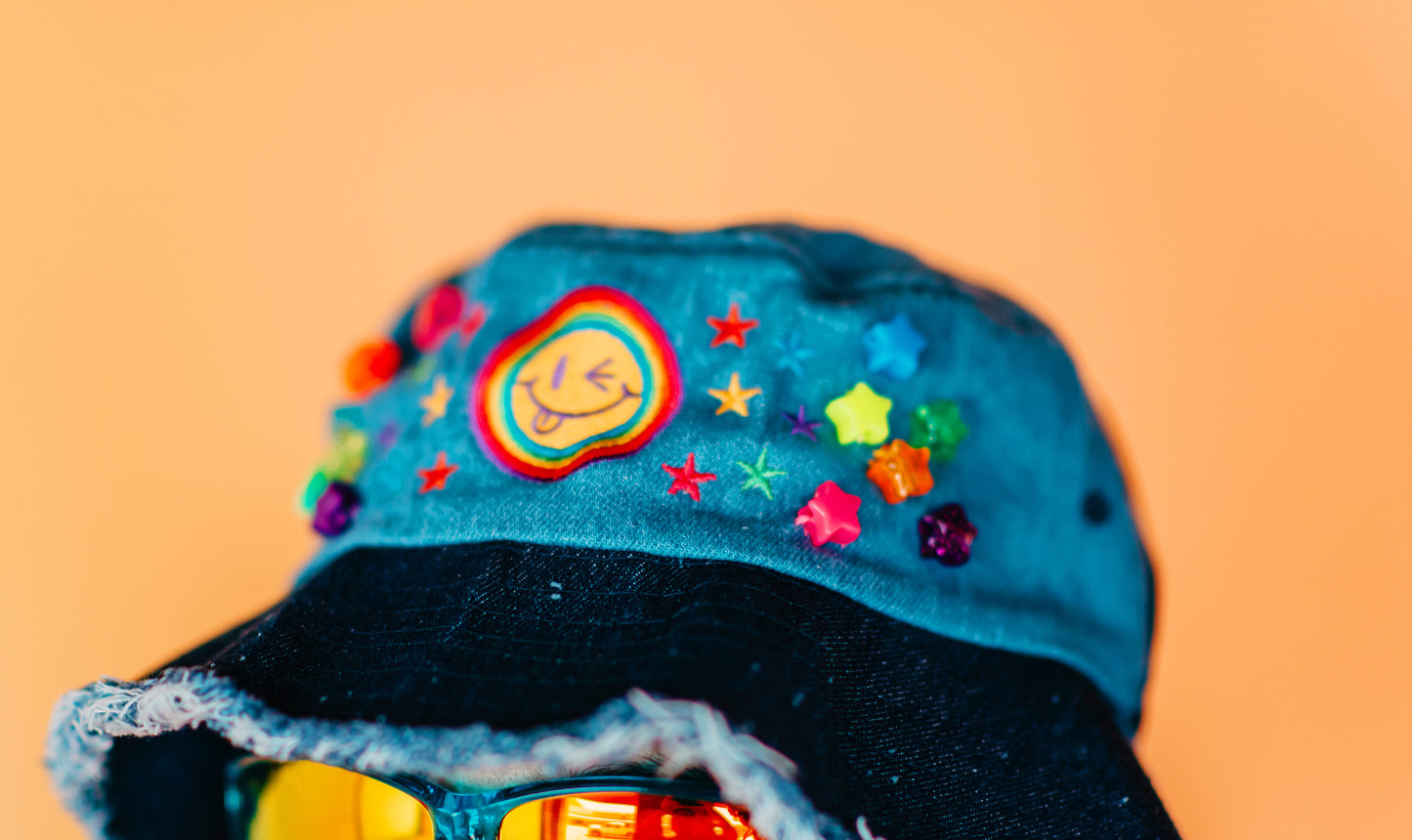 Neon Smile Distressed Denim Bucket Hat