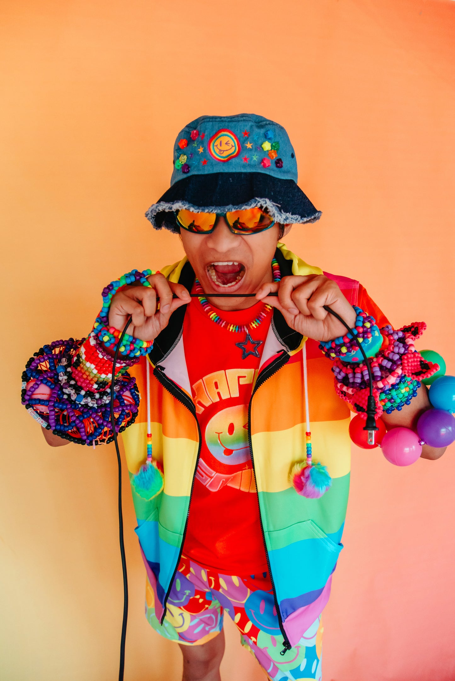 Neon Smile Distressed Denim Bucket Hat