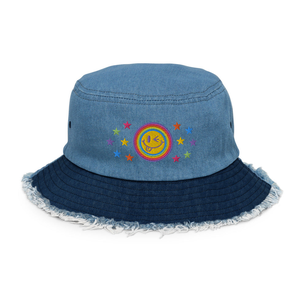 Neon Smile Distressed Denim Bucket Hat