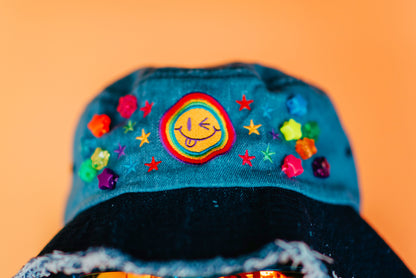 Neon Smile Distressed Denim Bucket Hat